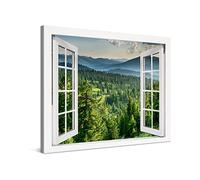 PICANOVA - Canvas Print 80x60 cm - Canvas Art Print Wall Art - Wall Decor Picture Stretched on Wooden Frame - Sunset in Cedar Forest Window Forest Collection