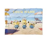 PICANOVA Personalised Minions Blanket with Name 200x150cm - Soft Cuddly Blanket for Children - Soft Fleece Throw Blanket - Gift for Fans of Despicable Me - Minions Beach Day