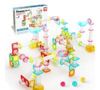 PicassoTiles 100 Piece Magnetic Marble Run Travel Size Sensory Toddlers Construction Toy Set Mini Diamond Magnet Tiles Marbles for Kids Race Track Bui