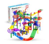 PicassoTiles 108pc Magnetic Marble Run Set with Building Tiles Race Track Car Slides Set STEM Learning Toy 3-in-1 Preschool Construction Kit for Indoor Activity and Development for Kids age 3+ PTG108