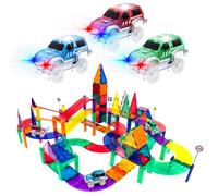 PicassoTiles 128 Piece Magnetic Tiles Race Track, STEM Set with LED Cars 3+
