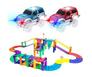 PicassoTiles 50 Piece Race Car Track Building Block Educational Toy Set Magnetic Tiles Magnet DIY Playset 2 Light Up Car STEM Learning Construction Kit Hand-Eye Coordination Fine Motor Skill Training