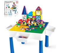 PicassoTiles 585pc Kids Activity Table with Magnetic Tiles and Bricks STEM Pretend Play Learning with Reversible Brick Whiteboard Tabletop Storage Bins and Extra Add-On Toys Boys Girls Ages 3+ PBT585