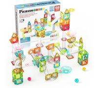 PicassoTiles 60 pc Magnet Tiles Building Block Travel Size Magnetic Marble Run Construction Toy Set Mini Diamond Marble RaceTrack Building Blocks Playset Education STEM Learning Kit Boy Girl 3+ PTMG60