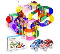 PicassoTiles 80 Piece Race Car Track Building Block Educational Toy Set Magnetic Tiles Magnet DIY Playset 2 Light Up Car STEM Learning Construction Kit Hand-Eye Coordination Fine Motor Skill Training