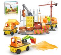 PicassoTiles Magnet Tile Construction Themed Building Blocks 5-in-1 Crane, Ladder, Dump Truck, Excavator, and Backhoe Action Figures, 2 Car Base Vehicles Magnetic Tiles Learning Toys Kids Ages3+ PTU06