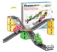 PicassoTiles Magnet Tile Race Car Track Construction Building Block Toy Kit with Character Action Figures and Racing Cars Magnetic Tiles STEM Educational Learning Pretend Play Blocks Kids Age 3+ PTR05