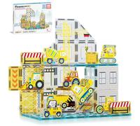 PicassoTiles Magnet Tiles Magnetic Building Blocks with 8 Construction Vehicles Crank Truck Excavator Bulldozer Road Roller Concrete Mixer Tractor Dump Truck Forklift Toys Learning Kids Ages 3+ PTQ11