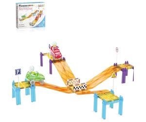 PicassoTiles Magnetic Race Track Car Slide Magnet Building Blocks Tiles Sensory Toys for Kids Toddlers Include Trucks Character Action Figures STEM Learning Kit Races School Age 3+ year Old Boys Girls