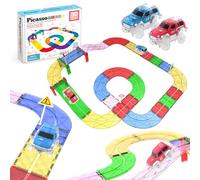 PicassoTiles Race Car Track Building Block Educational Toy Set Magnetic Tiles Magnet DIY Playset 2 Race Car Trucks Toys STEM Learning Construction Kit Hand-Eye Coordination Fine Motor Skill