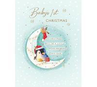 Piccadilly Greetings Christmas Card Baby's 1st Christmas Moon penguin - 8 x 6 inches