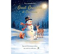 Piccadilly Greetings Christmas Card for Great Grandma - Merry Christmas Card for a Wonderful Great Grandma - Snowman with Woodland Animals Winter Scene Design - 9 x 6 inches
