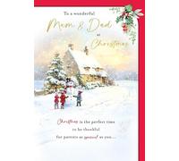 Piccadilly Greetings Christmas Card for Mam and Dad - Merry Christmas Card for a Wonderful Mam & Dad - Traditional Cottage Snowman Scene Design with Verse - 9 x 6 inches