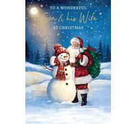 Piccadilly Greetings Christmas Card for Son and his Wife - Merry Christmas Card for a Wonderful Son & Wife - Traditional Santa and Snowman Winter Scene Design - 9 x 6 inches