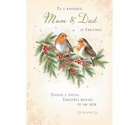 Piccadilly Greetings Christmas Card To a Wonderful Mum & Dad Cute 2 robins - 9 x 6 inches