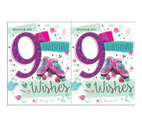 Piccadilly Greetings Group Ltd Girl Age 9 Sending You 9th Birthday Wishes Card - Roller Skates, 18.7 x 14.3 x 0.3 cm; 20 Grams,Pink (Pack of 2)