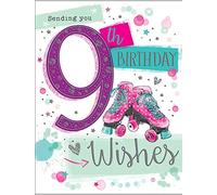Piccadilly Greetings Group Ltd Girl Age 9 Sending You 9th Birthday Wishes Card - Roller Skates, 18.7 x 14.3 x 0.3 cm; 20 Grams,Pink