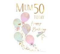 Piccadilly Greetings Mum 50th Birthday Card, Balloon Theme, Gold Foil Embossed, Modern Style, 23.5 x 15 cm