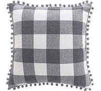 PiccoCasa 1 Pc Buffalo Check Plaid Throw Pillow Cover with Pompoms, 45 x 45cm, Retro Checkers Decorative Cushion Cover for Sofa Couch Bed Home Decor, Gray and White