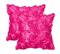 PiccoCasa Pack of 2 3D Stereo Satin Rose Cushion Covers, Decorative Throw Pillow Cases for Sofa Bedroom Car - 40x40cm/16x16in Fuchsia Square Pillow Covers with Zipper