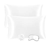 PiccoCasa Satin Pillowcases for Hair and Skin with Eye Mask and Scrunchie Soft Pillowcase 2 Pack Envelope Closure Silky Bed Pillow Covers Set for Sleeping White 50 x 90cm