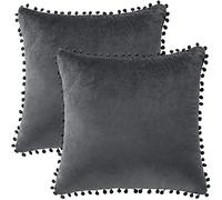 PiccoCasa Velvet Pillow Covers, 2PCS Pom Pom Throw Pillow Cover, Square Solid Soft Cushion Covers for Sofa Couch Bedroom Car Dark Gray 40 x40cm