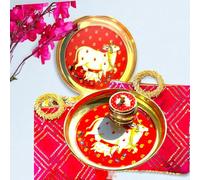 Pichwai Pooja Thali Set, 6 Inch Brass Plate with Brass Meena Design Kumkum Box/Sindoor Dibbi, Bhog Thali Thambulam Plate Pooja Items with Gift Potli Bag for Diwali, Rakhi Thali Wedding Gifts