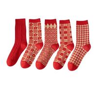 Pick Ferns in March Women Red Socks, Warm Cotton Crew Socks, UK 4-7, 5 Pack | Thick double-knit for cooler days; no loose threads inside; 5 red designs from houndstooth to stripes, a cosy gift for her