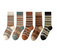 Pick Ferns in March Women's Fair Isle Crew Socks 5 Pairs - Double-Knit All-Season Retro Socks (White/Brown/Coffee/Green/Gray) - Birthday Gift for Women