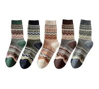 Pick Ferns in March Women's Fair Isle Pattern Crew Socks- Double-Knit Socks, Dark Green/Black/Beige/Coffee/Grey, Vintage Retro Style, Gift for Women (5 Pairs)