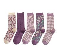 Pick Ferns in March Women's Purple Crew Socks | Double-Knit Cotton Spring Socks with Purple Houndstooth & Leopard Patterns | Breathable Casual Socks for Daily Wear, Gifts for Women (4-8, 5 Pairs)