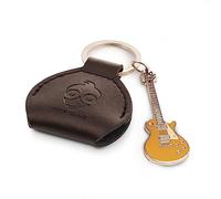 Pick G lack Leather Pick Holder with Miniature LP Goldtop Keyring | 100% Handmade Real Leather | Includes 3 FREE Guitar picks | Made with Jewellers Metal