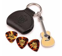Pick Geek Martin Guitar Keyring | Real Leather Pick Holder + 3 Guitar Picks | Black real leather pick holder with acoustic guitar metal keyring and 3 guitar picks; practical gift for acoustic guitarists