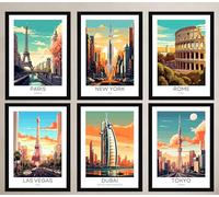 PICK YOUR OWN Iconic Cities Unframed A4 A3 Retro Travel Poster Prints, Vintage Travel Wall Art, Popular City Destinations, Home Décor, Paris New York Dubai Tokyo Rome Barcelona etc (PICK 6 - A4)