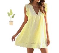 Pickelect California Romper Dress with Shorts Underneath California Lace Dress Romper with Ruffle Sleeve V Neck Solid Color (Yellow,L)