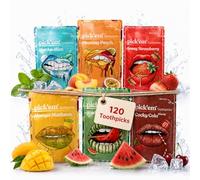 pick'em Flavoured Toothpicks Variety Pack, 6-Pack All 6 Flavours | Mint, peach, watermelon, strawberry, cola & mango. Sugar free & vegan wooden toothpicks, a gum alternative