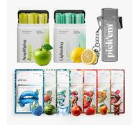 pick'em Vitamin Flavoured Toothpicks Gift Set, 200 Pack + Carry Case | Vitamin-enriched wooden toothpicks in 10 flavours, sugar free & vegan. Lemon & apple with a metal carry case