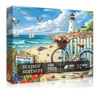 PICKFORU Beach Puzzles for Adults 1000 Pieces, Coastal Lighthouse Puzzle with Flowers Bike Sea Turtle, Nature Summer Ocean Jigsaw Puzzles, Seaside Scenery Challenge for Adults