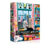 PICKFORU Cozy Puzzles 1000 Pieces, Cat Dog Jigsaw Puzzle Features Book Plant Bookshelf Animals, Puppy Kitten Challenge for Adults,Colorful Modern Art