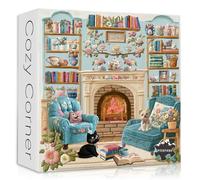 PICKFORU Cozy Puzzles for Adults 1000 Pieces, Dog Puppy Cat Jigsaw Puzzle Bookshelf Teacups, Embroidery Aesthetic Puzzle Cabin, Unique Modern Art Jigsaw Challenging