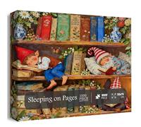 PICKFORU Gnomes Bookshelf 1000 Piece Puzzle for Adults, Book Flower Jigsaw Puzzles Dwarf, Vintage Library Puzzles