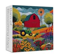 PICKFORU Quilting Farm Barn 1000 Piece Puzzle for Adults, Embroidery Patchwork Warehouse Windmill Jigsaw Puzzles, Colorful Flowers Patchwork Puzzles as Wall Art