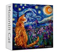 PICKFORU Stained Glass Puzzles: 1000 Pieces, Adults' Cat Lovers' Jigsaw Puzzle - Purple Iris Flowers, Starry Night, Moonlit Cat Flower