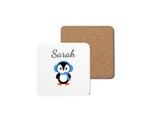 Pickhut Christmas Coaster - Square 9cm x 9cm Gloss Finish Xmas Coaster- Personalised with Any Name (Penguin Girl)