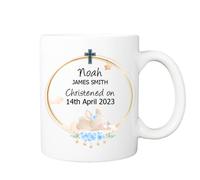 Pickhut Personalised Christening White Ceramic 11oz Mug, Baby Boy, Baby Girl, Custom Christening Gift, Present,Christening Keepsake,Baptism Present, Rabbit (Blue)