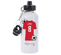 Pickhut Personalised Football 600ml White Aluminium Sports Water Bottle Back to School Gift for Kids, Customised with Name/Number/Text with Football Shirt Red Jersey Kit (D15)