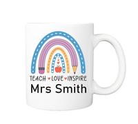 Pickhut Personalised Teacher Mug - Thank You Gift for Teacher, Nursery, TA or Class Assistant - End of Term Appreciation Present - Rainbow Design with Custom Name - Coffee Mug for School Staff