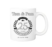Pickhut Personalised Wedding Anniversary 11oz White Ceramic Keepsake Mug - Gift for Her Him Husband Wife (25th Wedding Anniversary - Silver)