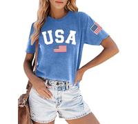 PICKID American Flag Shirt Women 4th of July T-Shirt USA Print Patriotic Tees Stars and Stripes Graphic Casual Tops, Blue, S