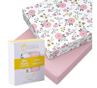 Pickle & Pumpkin Premium Crib Sheets | 100% Organic Jersey Cotton 2 Pack Baby Girl Fitted Crib Mattress Cotton Sheets | Fits Standard Baby Mattress & Toddler Mattress | Floral & Pink Design
